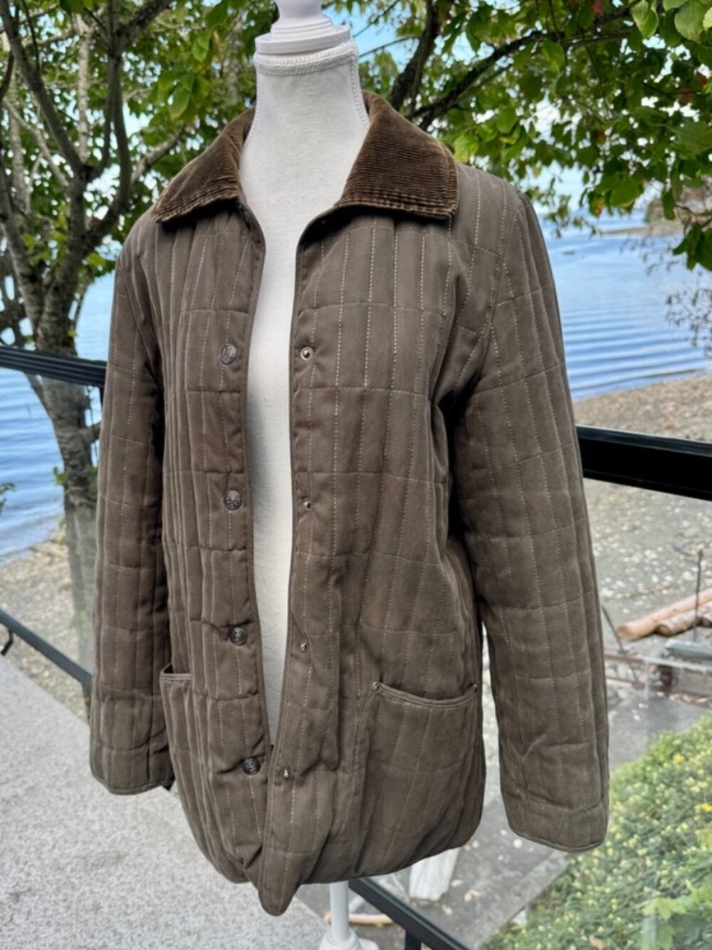 Sequence Vintage Barn Jacket Paddock Coat Quilted Olive Brown w Corduroy Collar